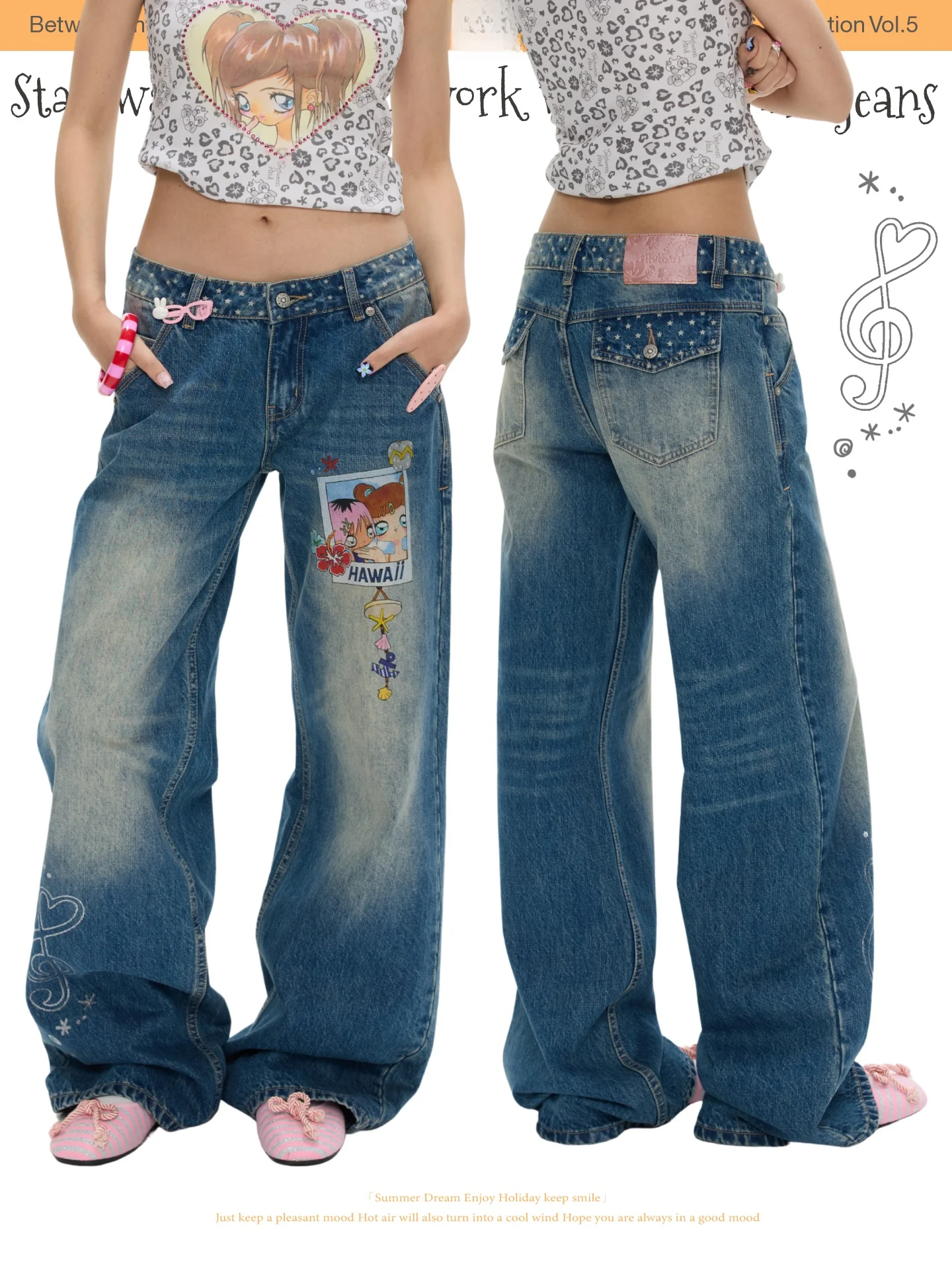 Washed Denim Pants Star Splicing Summer Style Women's Jeans Polka Dot Pattern Natural Waist Loose Fit Teen Girls Fashion