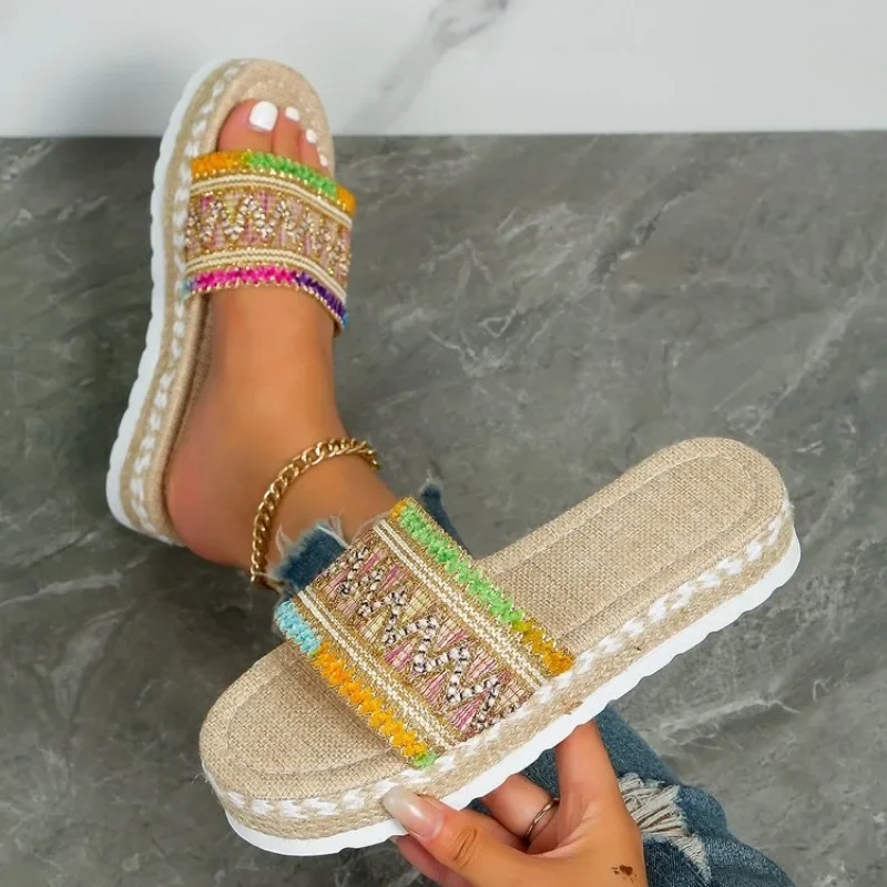 Women Slippers Summer Outdoor Beach Sandals Bohemian Ethnic Style Handmade Espadrilles Platform Slippers Flip Flops Women Shoes