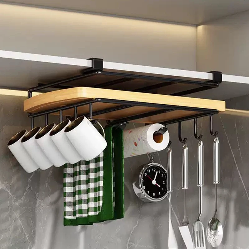 

YM Kitchen Under Cupboard Hanging Organizer Rack with Hook Paper Towel Rags Hanger Cutting Board Pot Cover Holder Storage Shelf