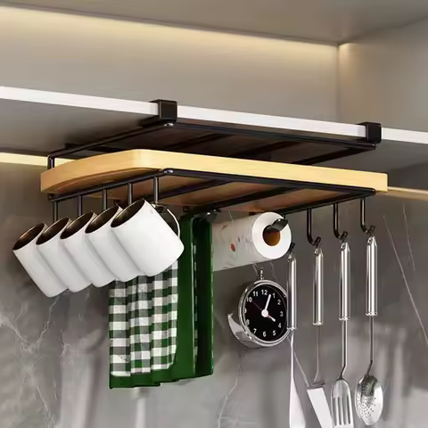 YM Kitchen Under Cupboard Hanging Organizer Rack with Hook Paper Towel Rags Hanger Cutting Board Pot Cover Holder Storage Shelf