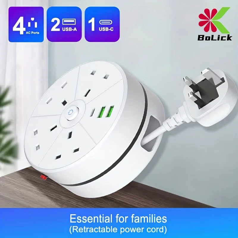 

Retractable Power Board: 4 Sockets, 2 USB-A +1 Type-C, 2m Cord, Surge Protection for Home & Office