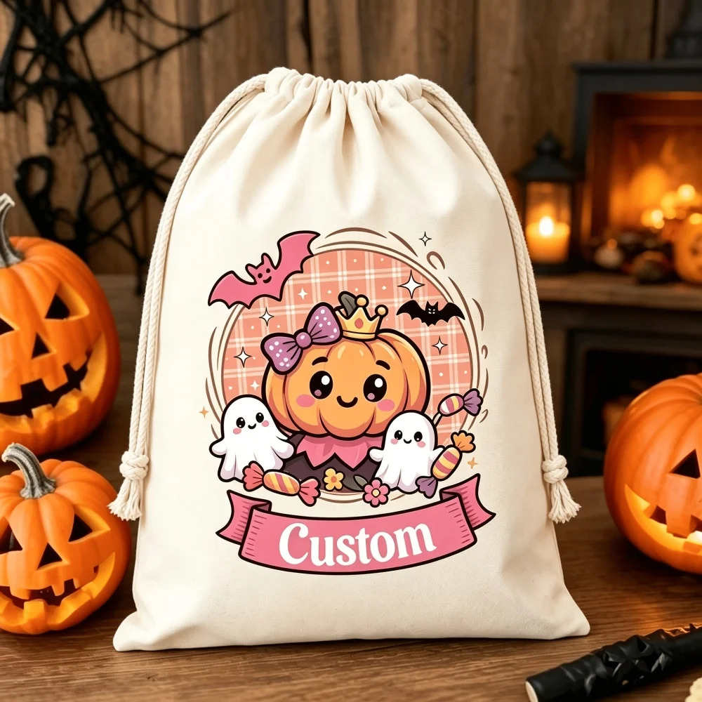 1Pc Custom Name/Text Halloween Imitation Hemp Gift Bag, Pumpkin Pattern Drawstring Closure Storage Bags, Party Candy Bag