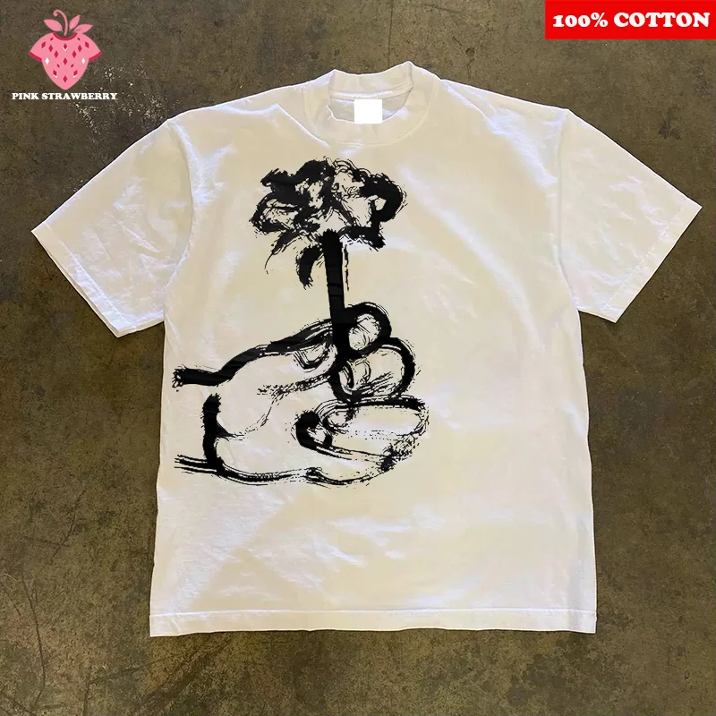 

Flower Graffiti Print T-shirt Men Women Summer 2025 New American Street Couple Short sleeves Loose T-shirt Y2k Top male clothing