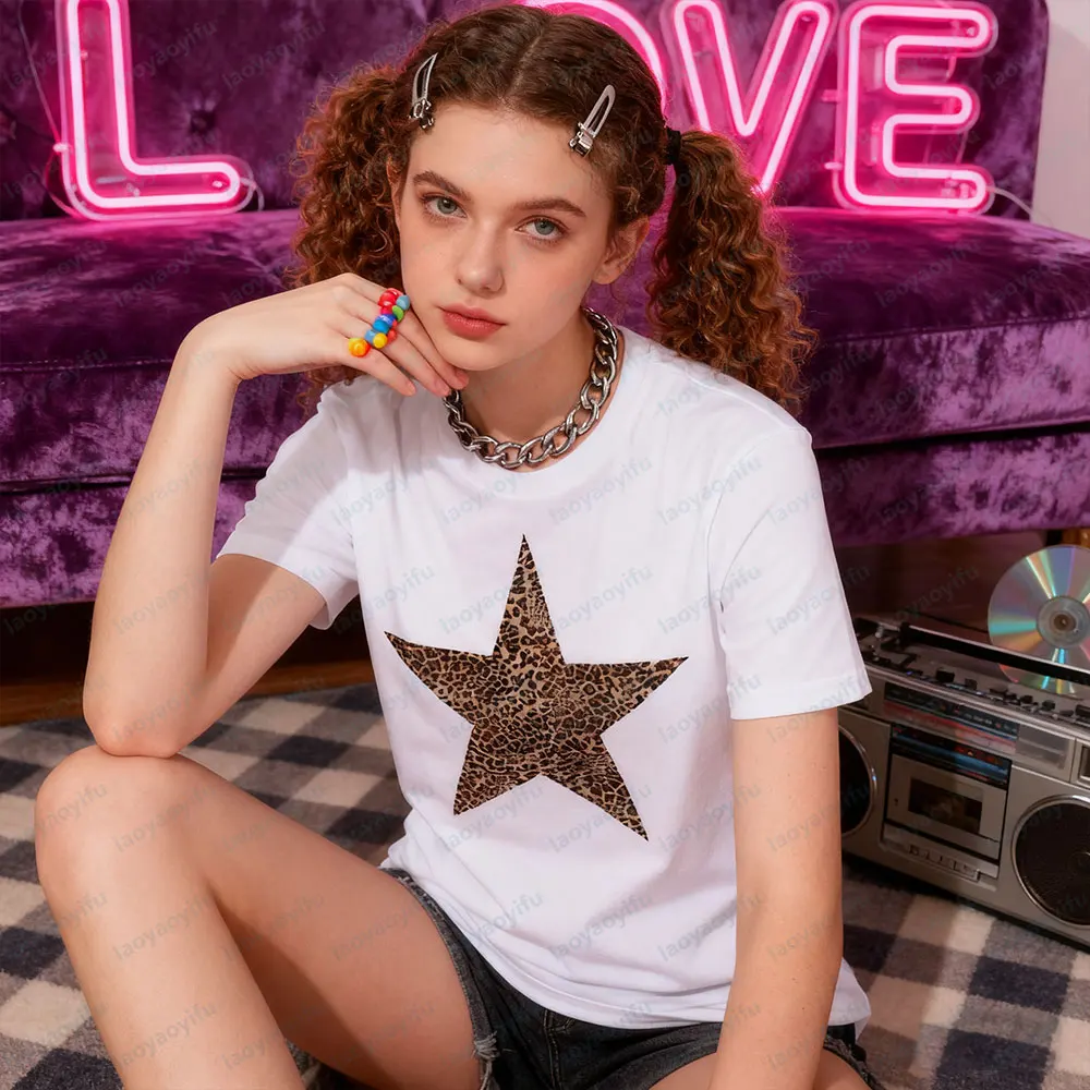 Leopard Star Print Round Neck Short Sleeve Y2K Harajuku Style Women T-Shirt Young Fashion Girls Clothing Casual Cotton Tee Tops