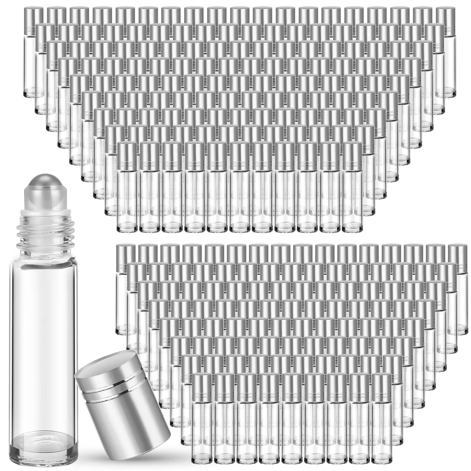 12Pcs Leakproof Glass Roller Bottles 10ml Silver Refillable Bottle Empty Roll-on Bottles for Essential Oils/Eye Essence/Perfume