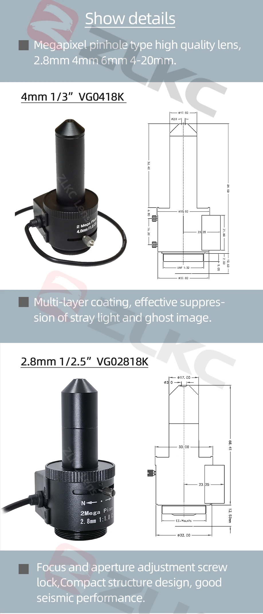 ZLKC Pinhole-Objektiv 1/2,5'' CS-Mount 2,8mm 4mm 4-20mm Zoom-Objektiv Hochauflösend 2MP C-Mount F1,8 Industriekamera Maschinenvision – Detail 3