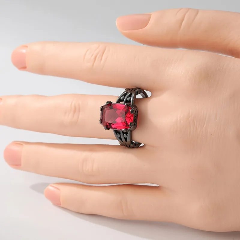 Vintage-Ring für Damen in schwarzer Farbe mit eingelegtem roten CZ, umwerfende, handgeschnitzte Geometrie, hohl, für den täglichen Gebrauch, Party-Schmuck, Jahrestagsgeschenk – Detail 4
