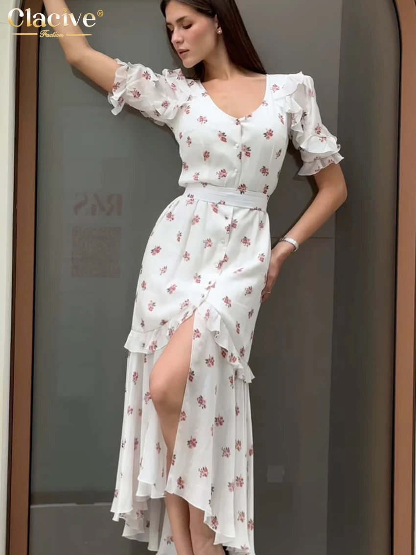 

Clacive Summer Loose Print Women's Dress 2026 Sexy V-Neck Short Sleeve Ankle Length Dresses Elegant Classic Slit Female Dress