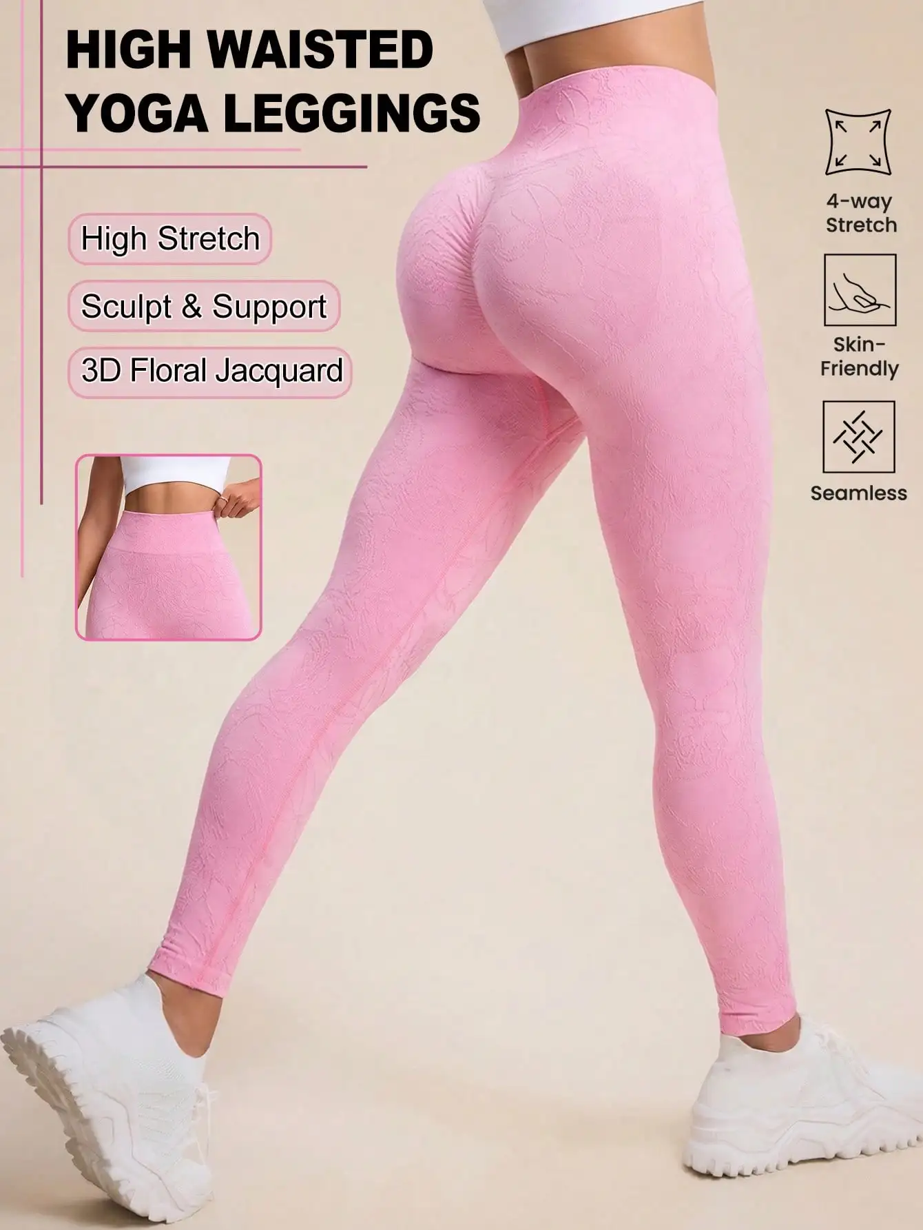 Women 3D Floral Jacquard Seamless Yoga Pants High Waist Butt Lifting 4 Way Stretch Gym Workout Leggings