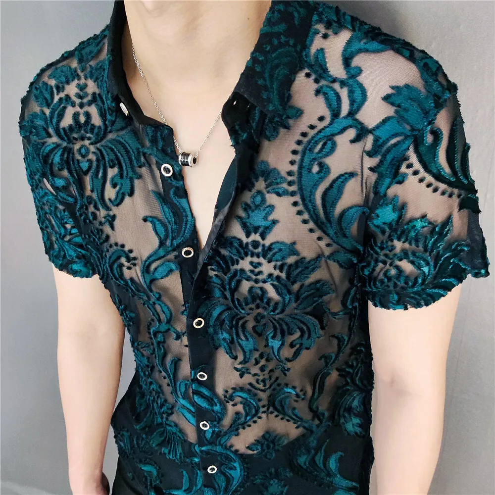 2022 Transparent Blue Floral Shirt Masculine Soft Velvet Slim-fit Men\'s Clothing Nightclub Short-sleeved Sexy Shirt See Through