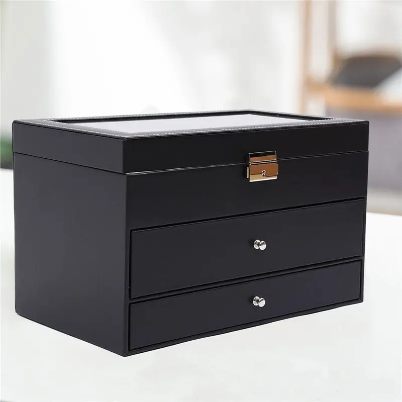 صندوق ساعة بإبزيم معدني من CHCH للنظارات والنظارات الشمسية مكون من 3 طبقات من الجلد باللون الأسود مع حافظة منظم لدرج عرض المجوهرات