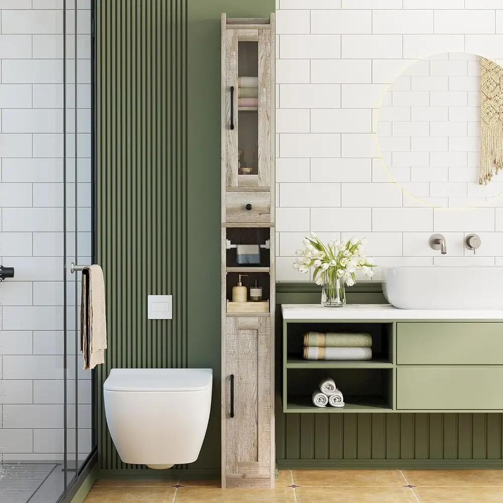 

Высокий напольный шкаф для ванной комнаты с выдвижными ящиками и дверцами, 71 дюйм в высоту, узкий, с регулируемыми полками, выдвижной ящик для туалетных принадлежностей