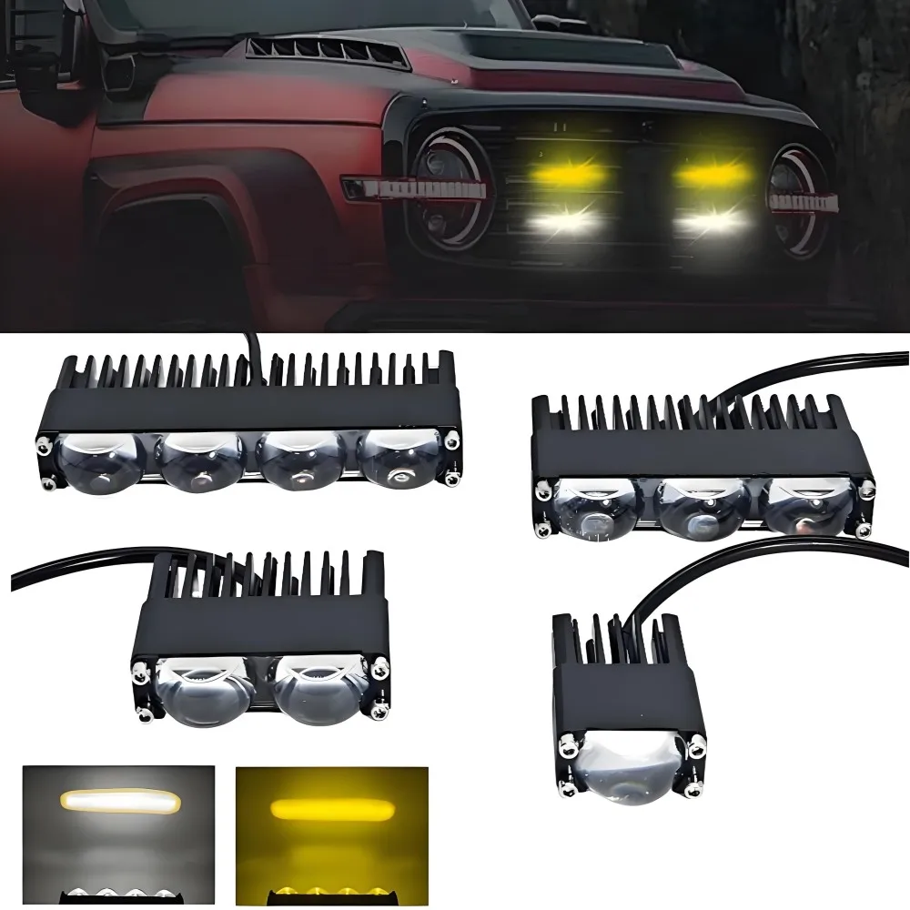 1PCS 1/2/3/4 LENS Laser Front Grille Long Row Work Light White Yellow Dual Color Motorcycle Auxiliary Spotlight 12-30V.