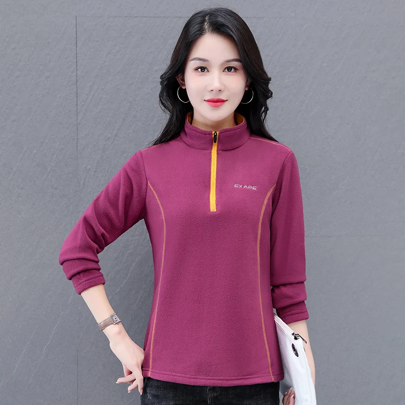 New Fashion Versatile Autumn Winter Stand Up Collar Fleece Top For Women Half Zipper Double Sided Polar Fleece Warm Hoodie Top