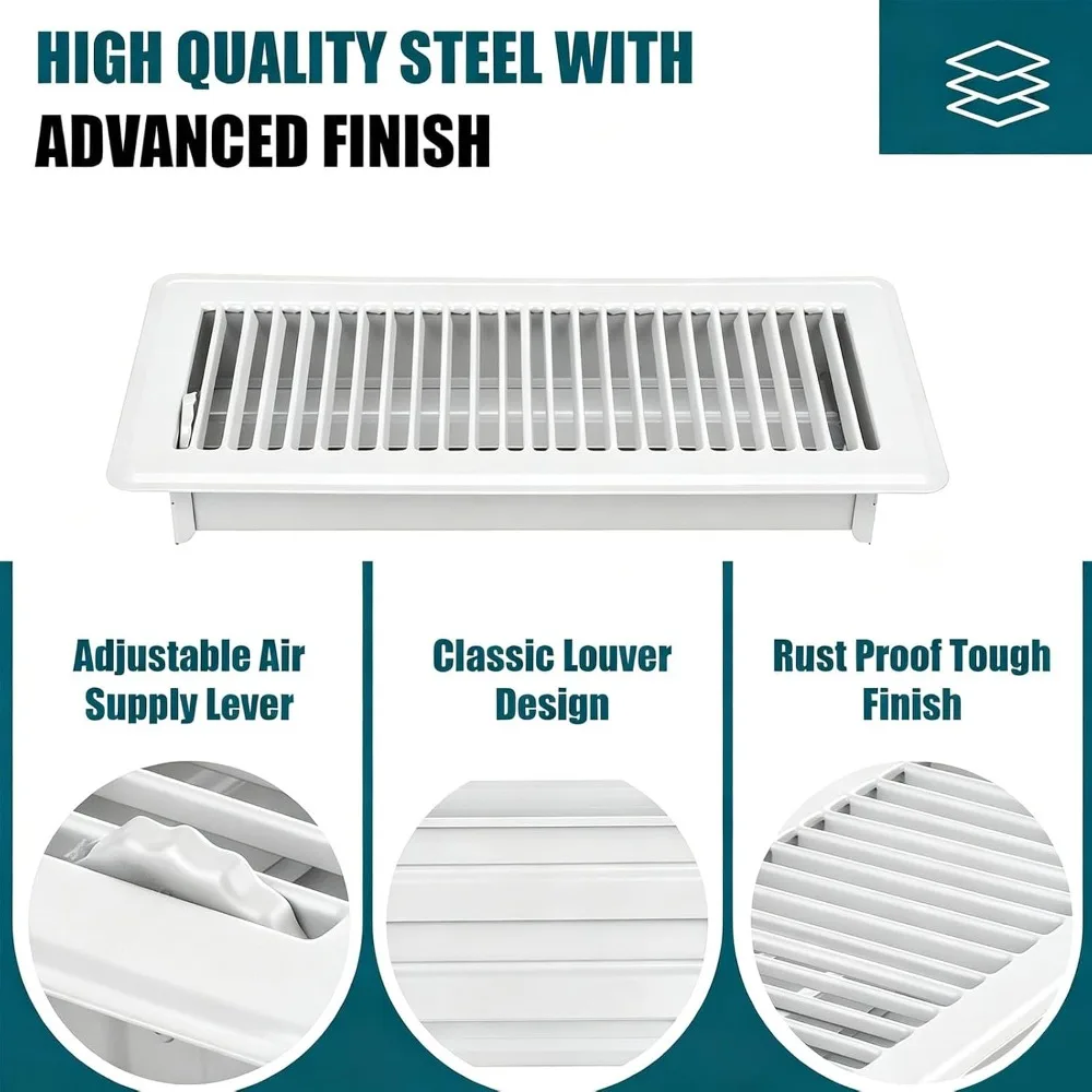 Modern 4" x 10" Floor Register Heavy Duty Steel White Air Supply Lever Easy Install Floor Vent Covers Floor - view 4