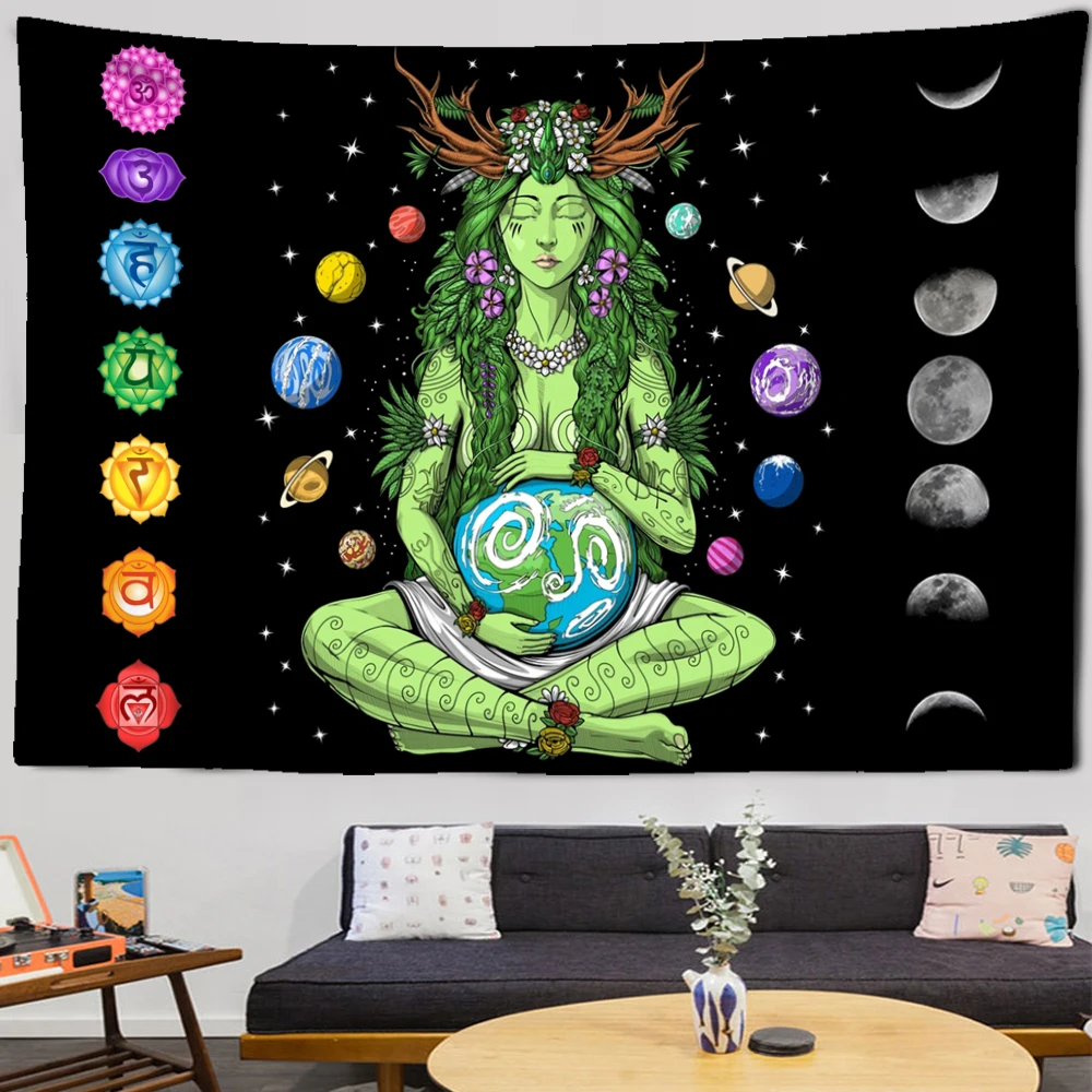 Seven Chakra Meditation Girl Tapestry Wall Hanging Psychedelic Art Mystic Kawaii Room Decor Mandala Yoga Picnic Mat Sheet