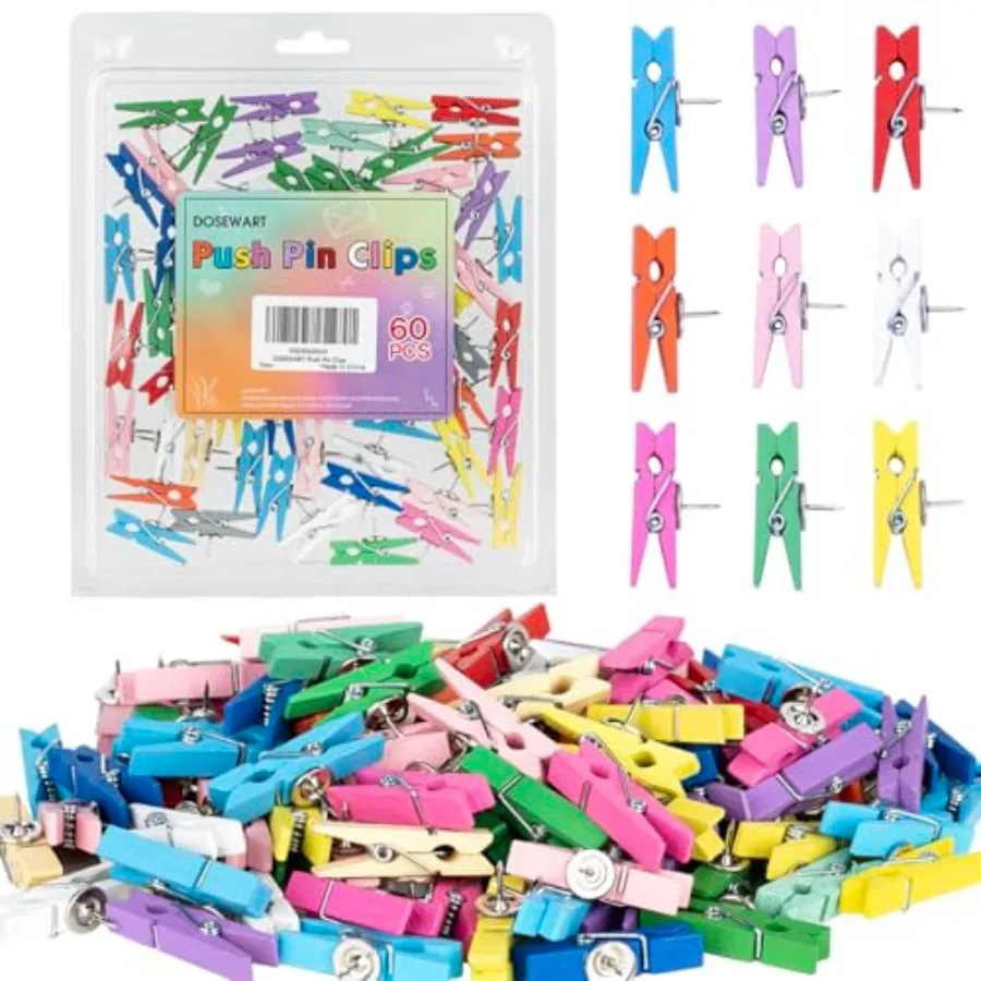 

Push Pin Clips for Cork Board, 60 Pcs Colorful Push Pins with Wooden Clips Decorative Assorted Colors Thumbtack Pushpins Tacks