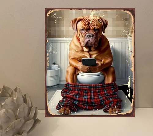 1x Dog On Phone Toilet Rustic Metal Plaque Sign Gift House Novelty (mt860) --Tin Sign