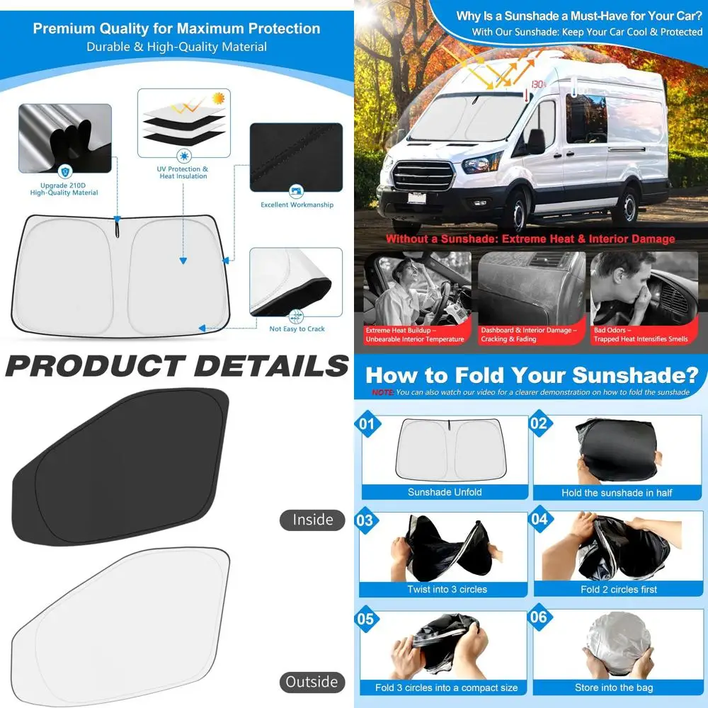 

Складные оконные солнцезащитные козырьки для Ford Transit Van 2015-2024 гг., высокая и средняя крыша, 3 шт., защита от ультрафиолета и тепла