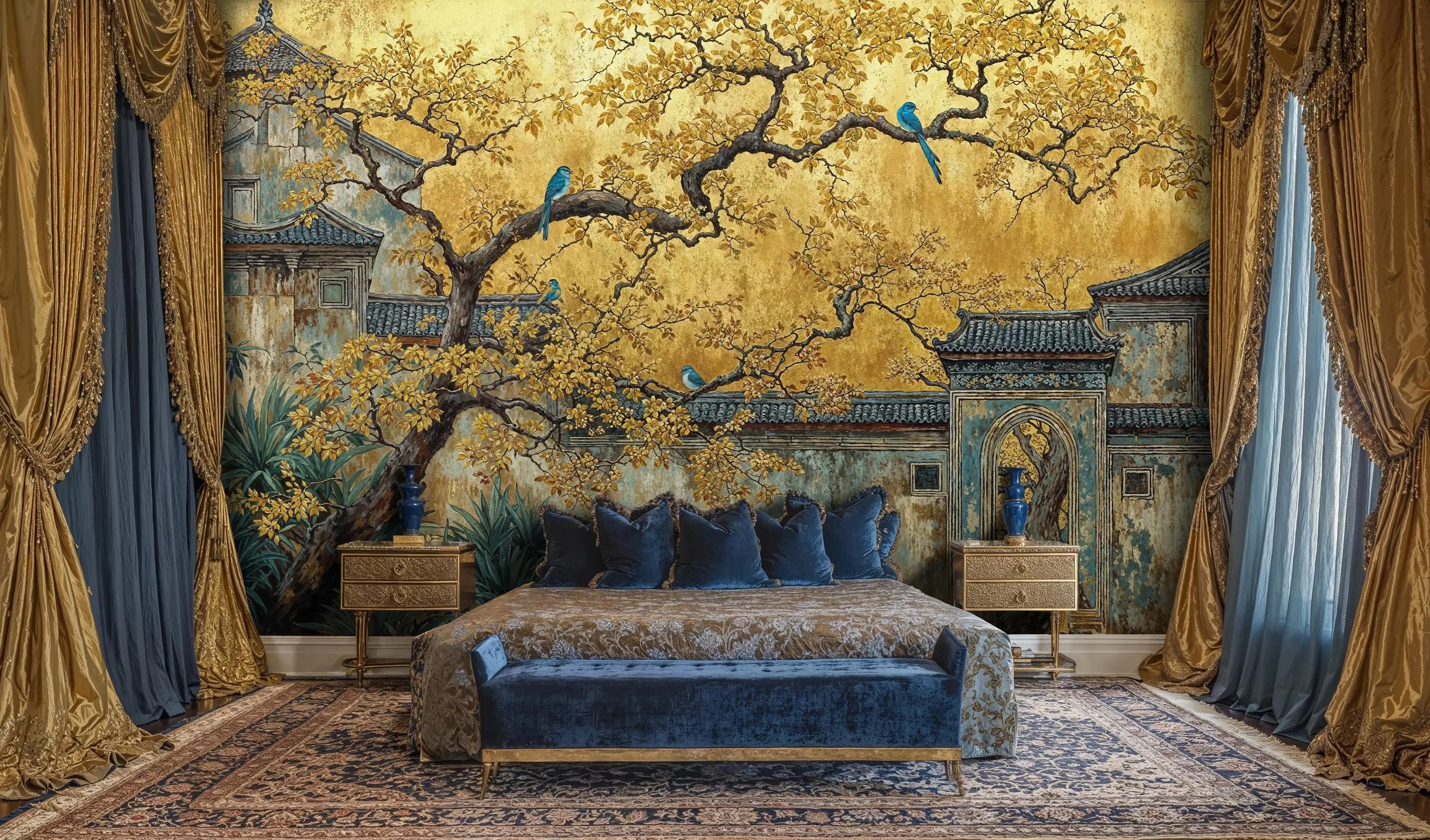 Custom Vintage Gold Tree Wallpaper Mural Blue Bird Chinese Ancient Building Wall Art Peel and Stick for Living Room Decor mural