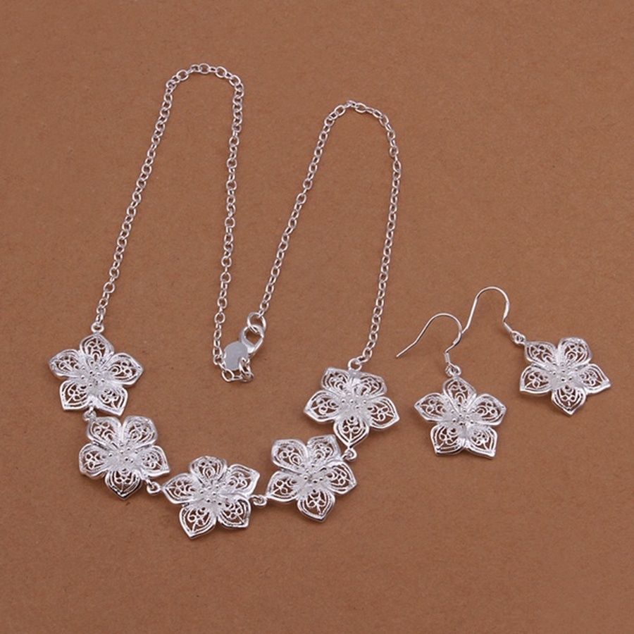  Silver color wedding jewelry charm hollow flower pendant necklace Earrings fashion women Women lady , jewelry Set 
