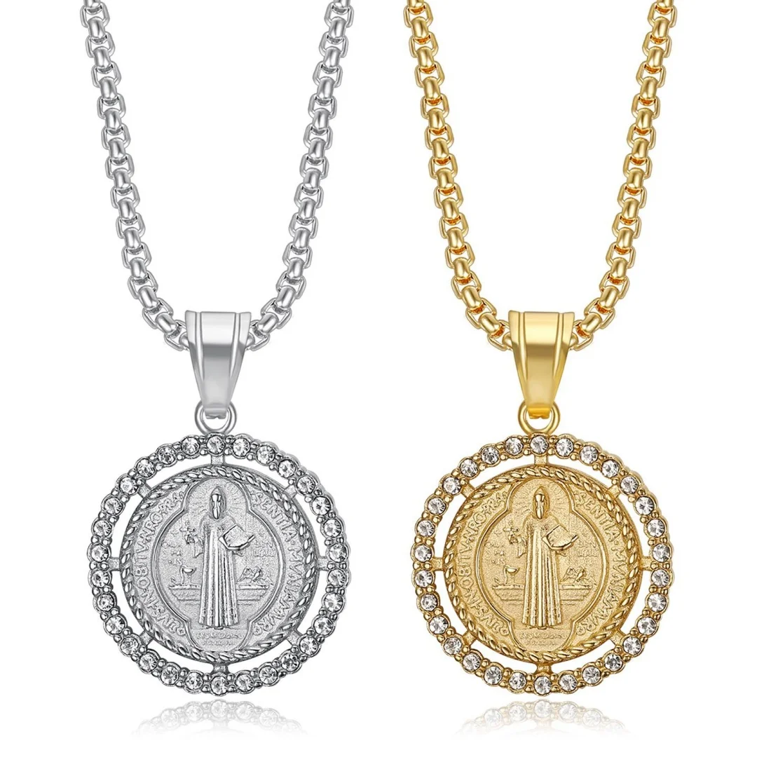 

Religious Iced Out Bling CZ Saint Benedict Pendant Stainless Steel Christian Prayer Faith Necklace for Women Men Jewelry Gift