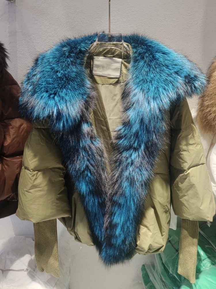 OFTBUY New Duck Down Jacket Winter Coat Women Super Large Real Silver Fox Fur Collar Jacket Knit Sleeve Fashion Luxury Outerwear