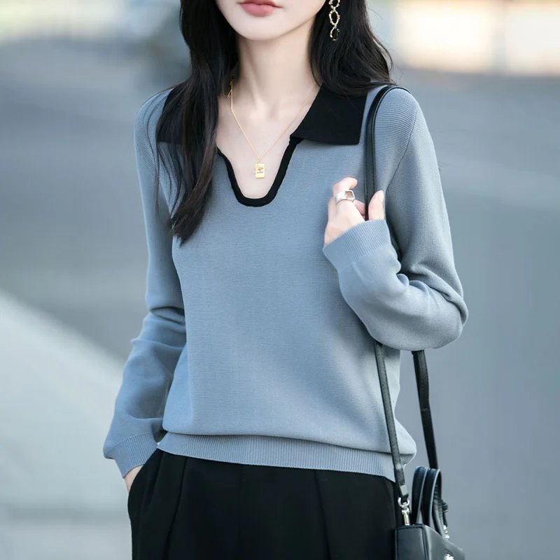 

New Spring Autumn Style Contrast Color Lapel Knit Women's Sweater - Casual Fashion Elegant High-End Base Layer Top