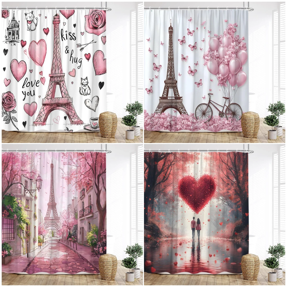 Vintage Paris Tower Shower Curtains Pink Butterfly Balloon Love Heart Floral Valentine's Day Bathroom Curtain Decor with Hooks