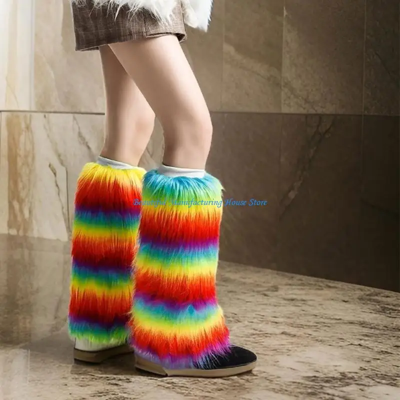 E56A Women Girls Vintage Warm Furry Bright Rainbow Leg Warmers Fuzzy Leg Cover Harajuku Boot Cuffs Long Socks for Winter Days