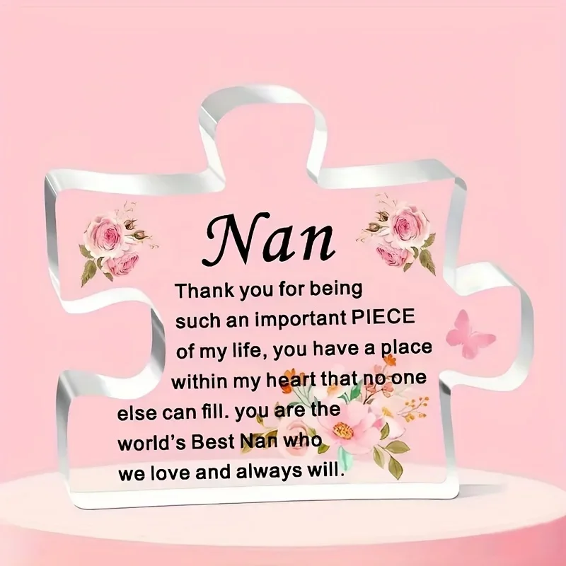 HELLOYOUNG Puzzle Shaped Acrylic Plaque Nan Thank You Quote Tabletop Sign Rose Butterfly Desktop Decor Grandmother Keepsake Gift