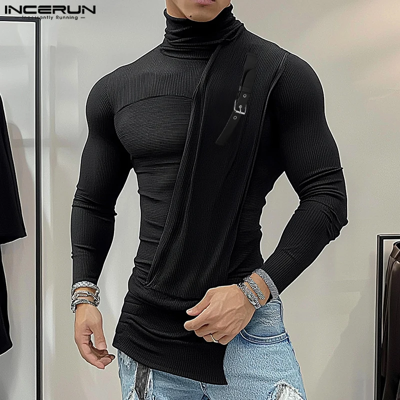 INCERUN Tops 2024 Fashion Men's Leather Buckle Texture Knitted Sweater Casual Sexy Tight Fitting High Neck Long Sleeved Pullover