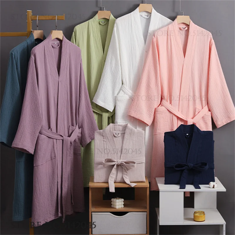 Double Layer Cotton Gauze Bathrobe Couple Sleepwear Spring Summer Kimono Robe Night Dress Loose Casual Homewear Lingerie Pajama