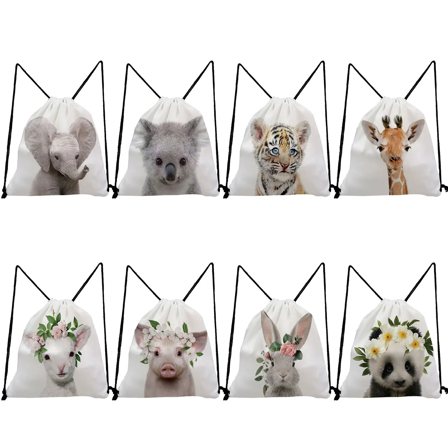 

Drawstring Pocket Panda Koala Elephant Printed Backpacks for Students Gift Cute Animal ID Photo Series Portable Casual Shoes Bag