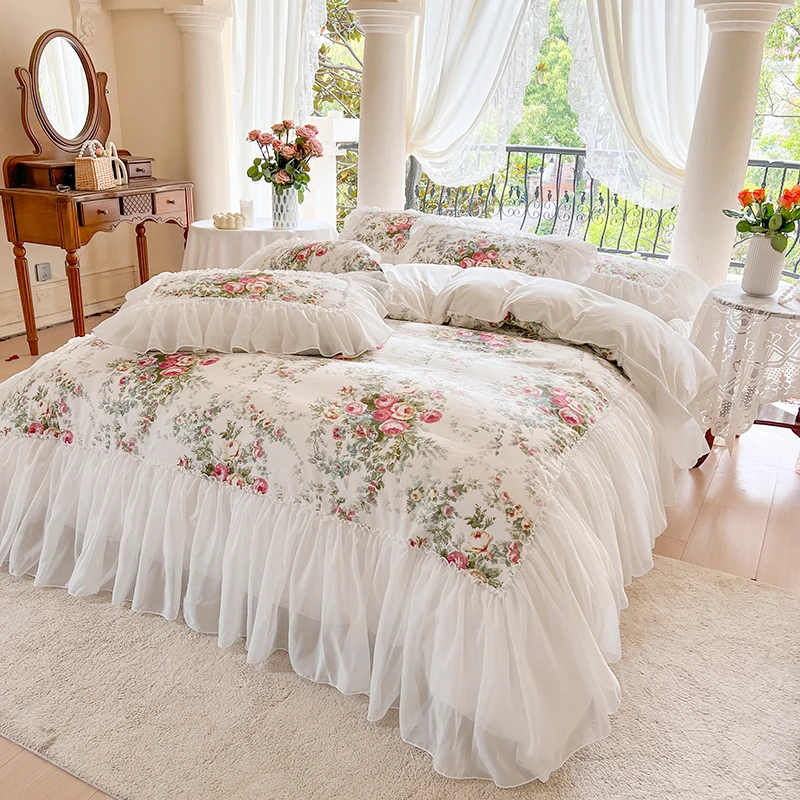 

White Princess Bedding Set Lace Ruffles Rose Flowers Print Duvet Cover Bedspread Bed Skirt Pillowcases 100% Cotton Home Textile