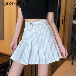 Skirts Women Mini Folds Design Students Summer Hotsweet Preppy Striped Leisure Simple All-match Daily Korean Style Empire Chic