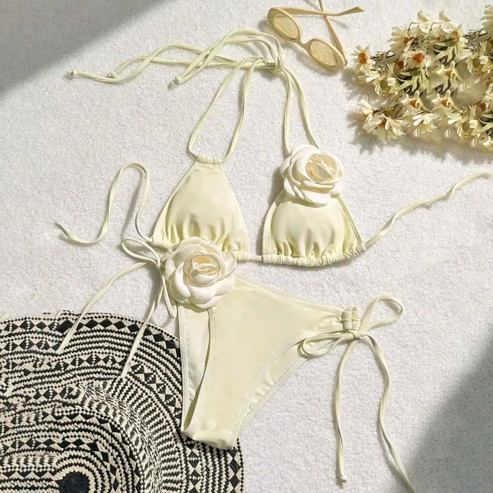 Bikini triangle à nœud floral 3D, maillot de bain 2 pièces, beauté dans le dos, tenue de plage