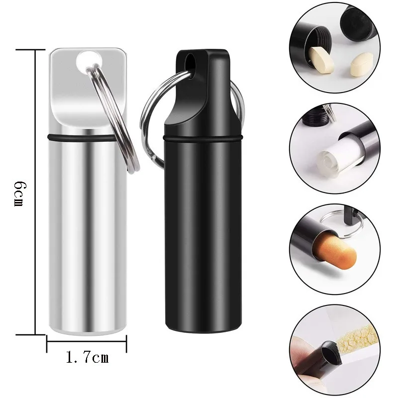 Portable Aluminum Alloy Flat Round Keychain Sealed Waterproof Storage Container with Small Compartment for Earplugs Pills