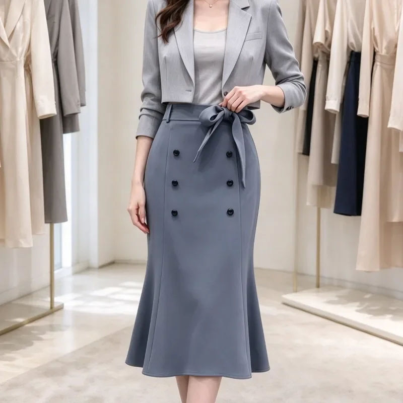 Summer Women High Waist Mermaid Midi Skirt Tie Waist Double Breasted Button Decor Irregular Hem Flared Skirt