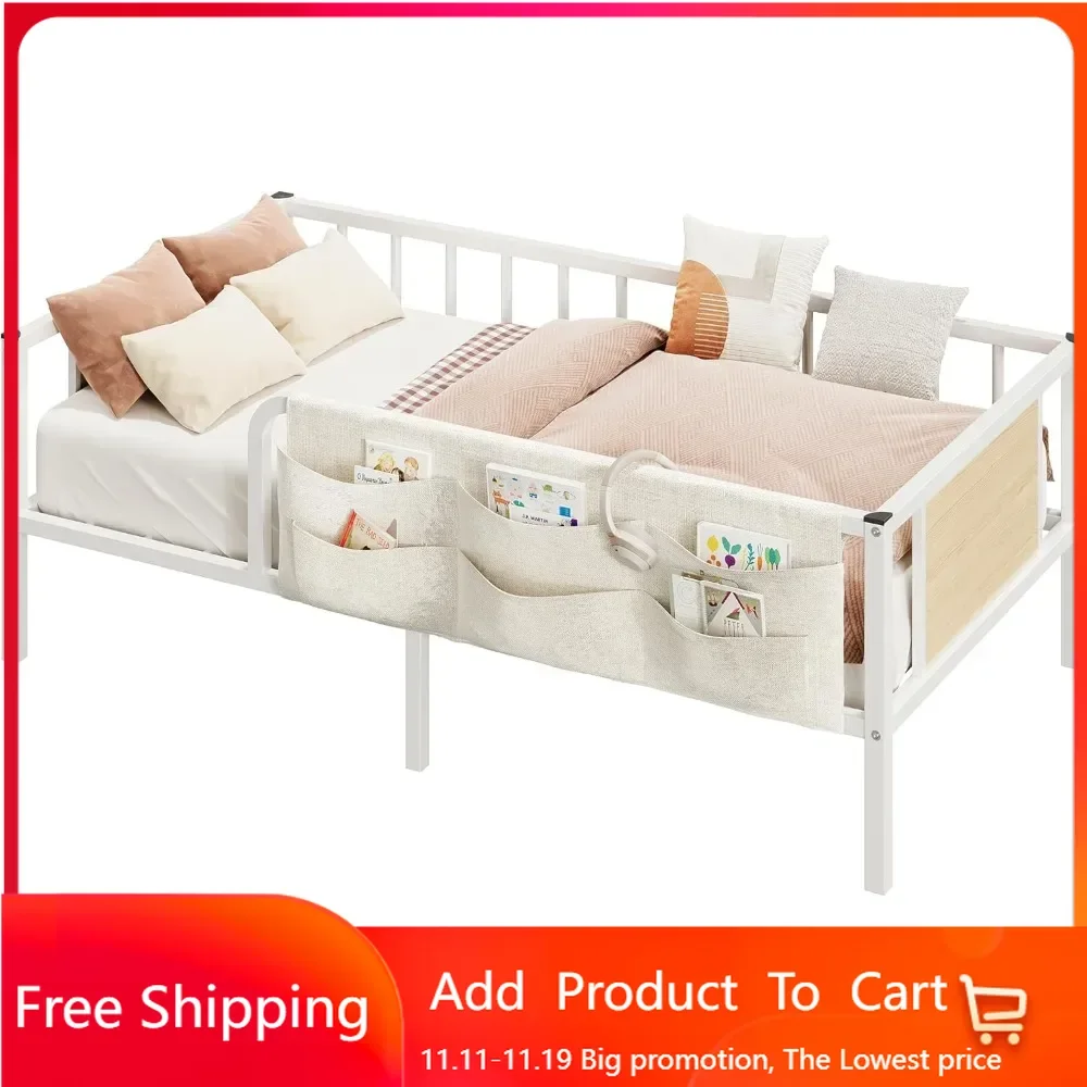 Twin Bed Frame with Bedside Caddy and Guardrail, Durable Metal Platform Bed, Noise-Free No Box Spring Needed, White