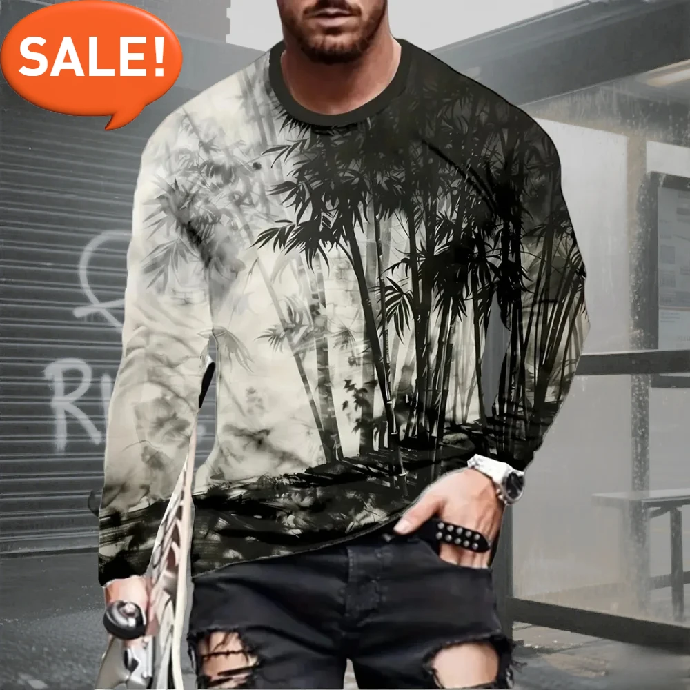 

Fashion Trendy Men's Long Sleeved Cross Neckline 3D Printed Men's Top Versatile Casual Men's Long T-Shirt Street Men's Clothing
