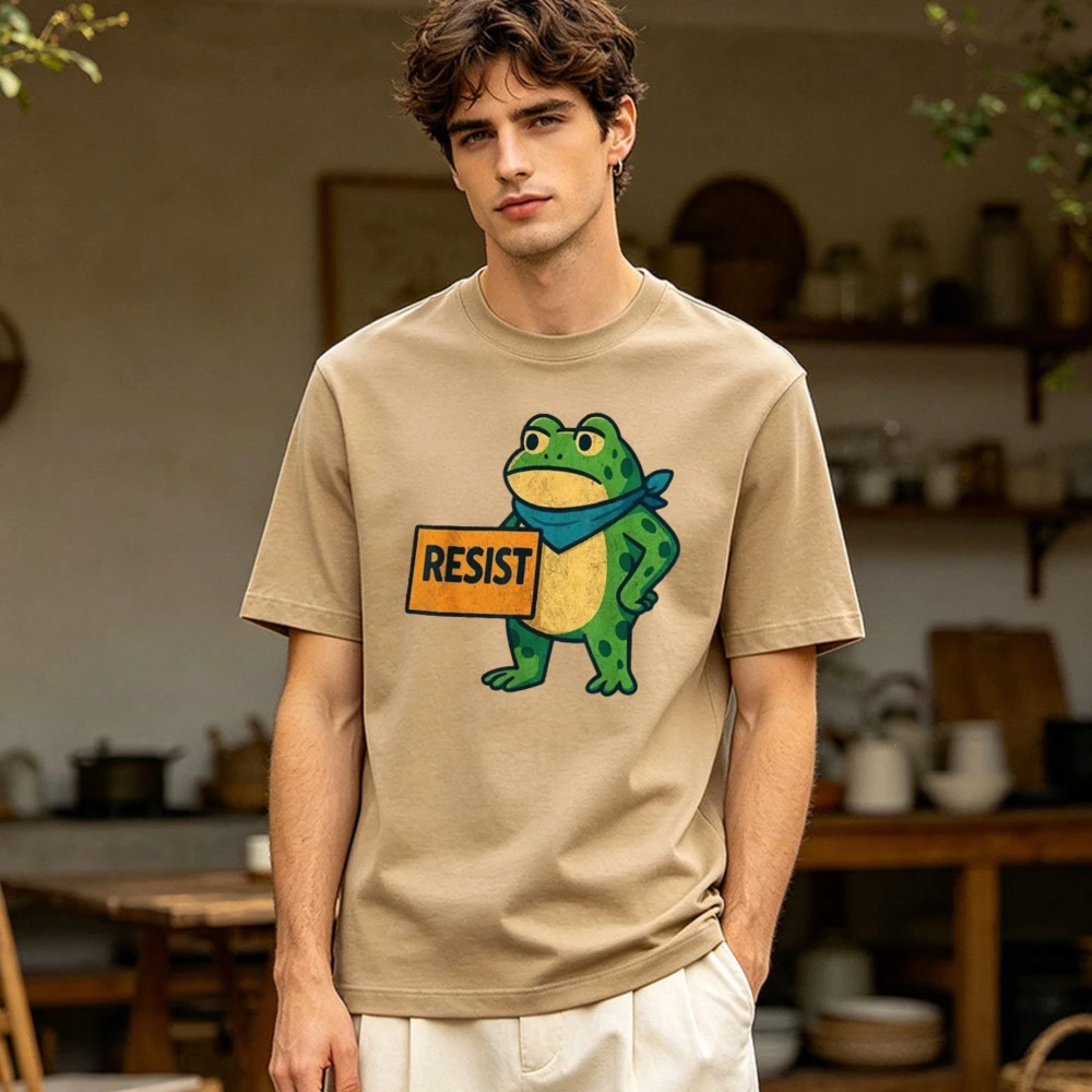 Resist Protest Green Spotted Frog Bandana Summer Men Cotton T-Shirt Retro Cartoon Activist Funny Meme Casual Short Sleeve Attire