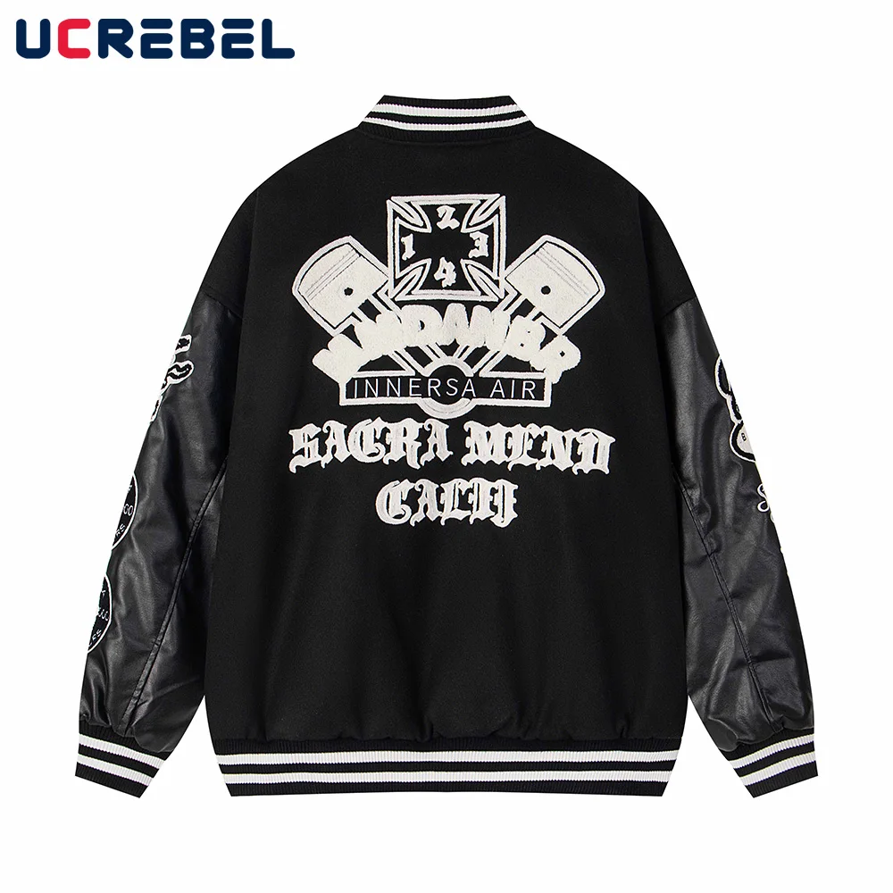 Ghost Embroidery Baseball Quilted Jacket Mens Spliced High Street Autumn Winter Stand Collar Long Sleeve Thick Letterman Jacket