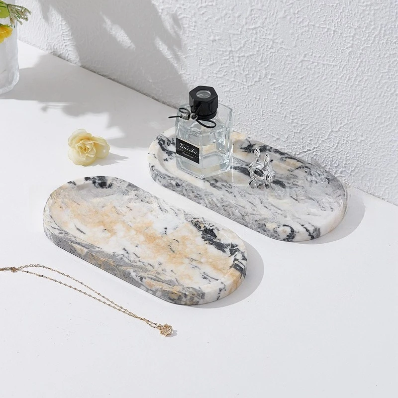 Ancient Chinese Ink Painting Marble Tray, Handcrafted Oval Stone Organizer for Jewelry Keys, Entryway Vanity Decor, Unique Home