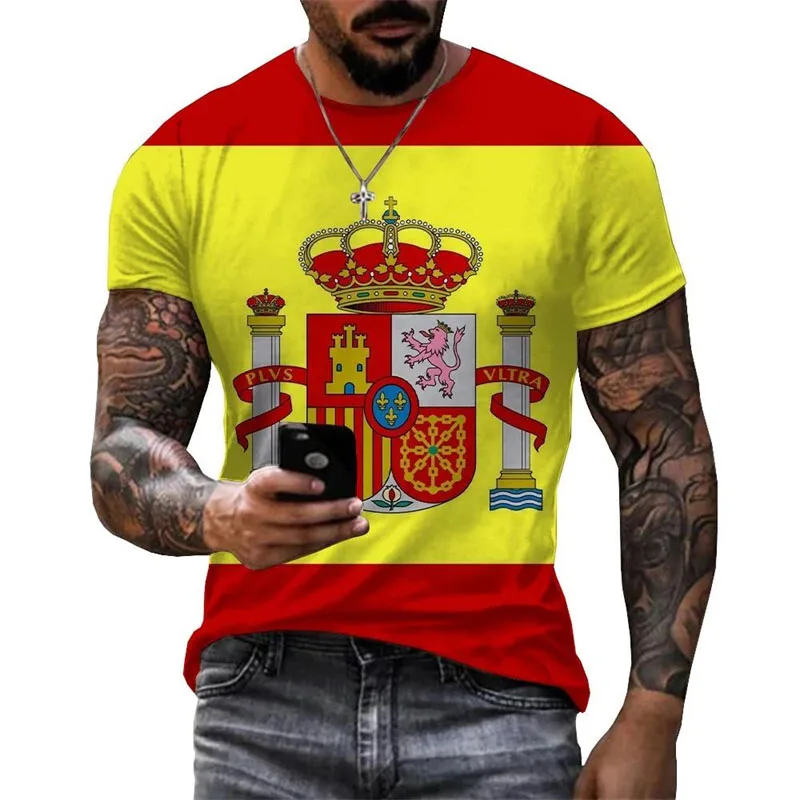 Men's Streetwear T-shirt 3D Printed Spanish Flag And National Emblem Pattern T Shirts Harajuku Trend Daily Casual Fashion Tee