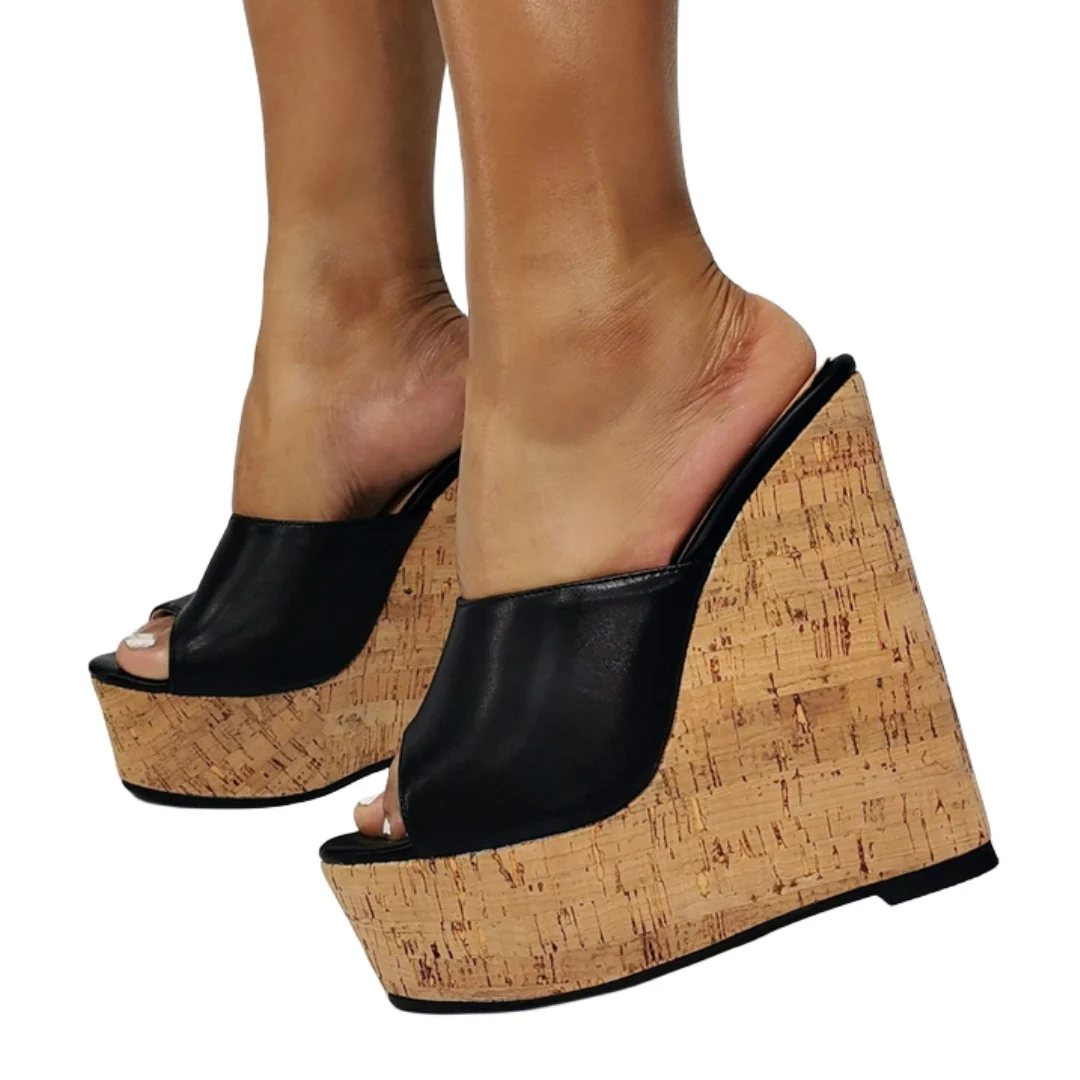 Rome Handmade Glossy Summer Sandals High Heeled Peep Toe Elegant Black Party Shoes for Women Wedges Ladies Plus Size 46 47
