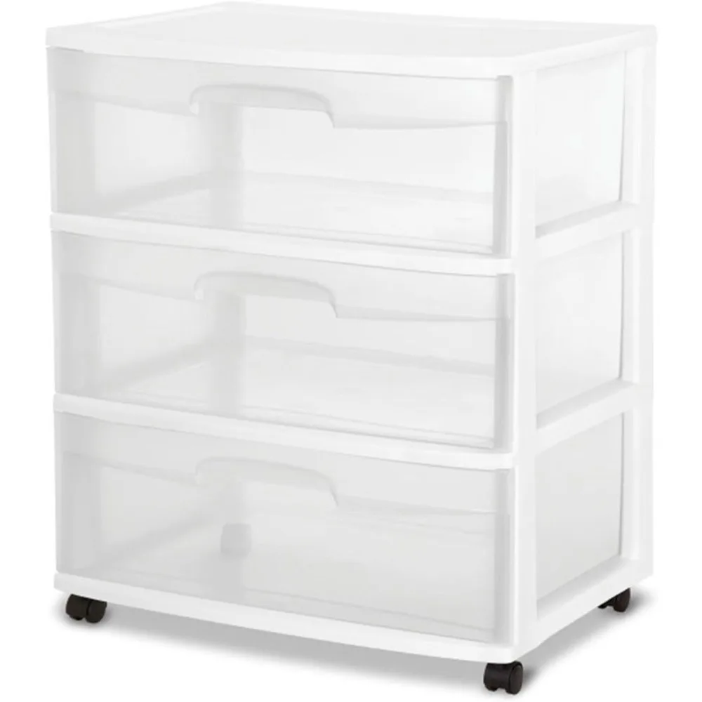 

Wide 3 Drawer Storage Cart, Plastic Rolling Cart with Wheels to Organize Clothes in Bedroom, Closet, White with Clear Drawers,