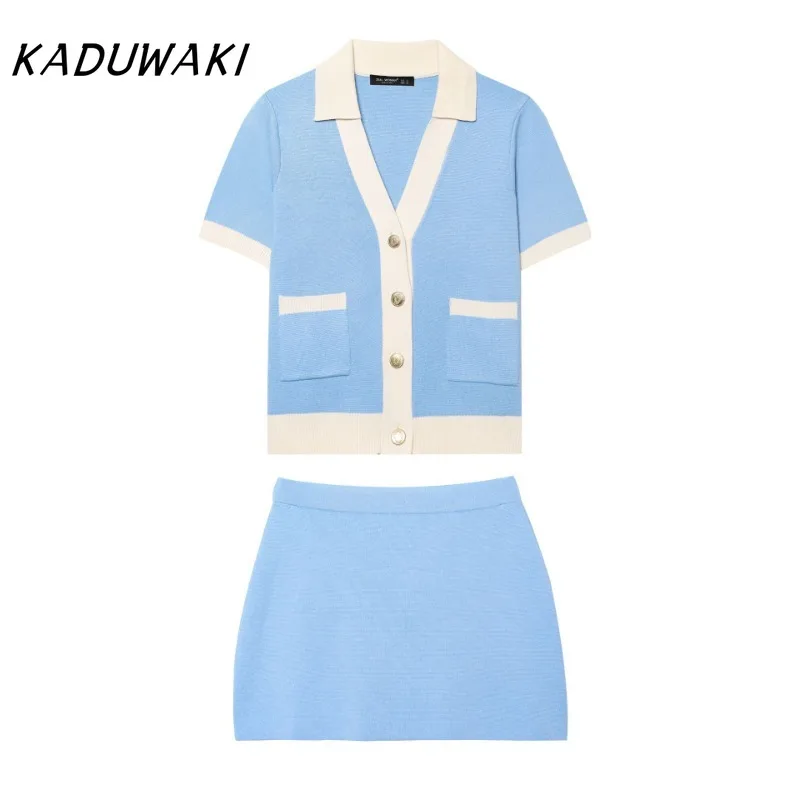 

KADUWAKI Casual Knit Contrast Top Skirt Set Women Lapel Short Sleeve Single Breasted Shirts Mini A-line Skirt Summer Office 2pcs