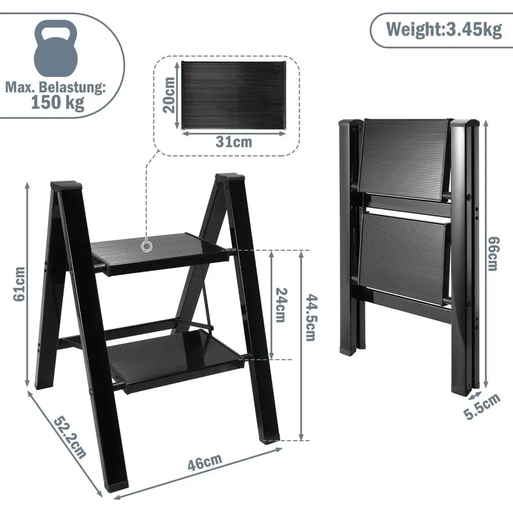 Lightweight 2-Step Folding Ladder with Non-Slip and Load-Bearing Capacity up to 150 kg, Black for Kitchen and Household Use image 4