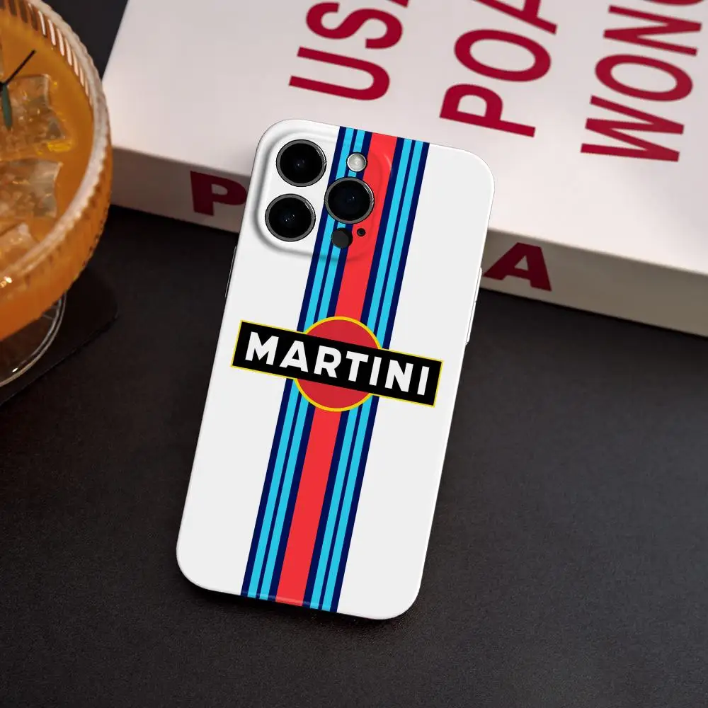 Custodia per telefono per iPhone 17 16 15 14 13 12 Pro Max Plus Pellicola liquida lucida HD con foro fine Soft Shell Martinis Racing Stripe
